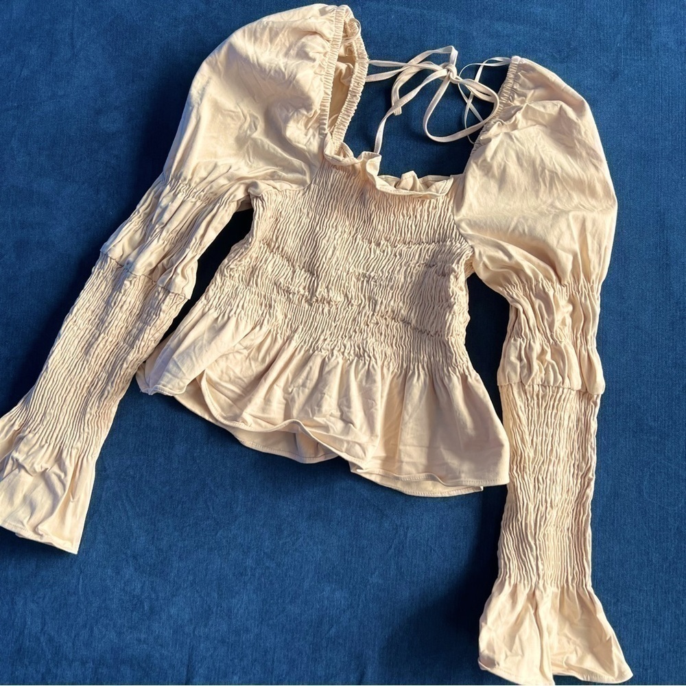 Topshop milkmaid shirred blouse long sleeve statement unique neutral office - Picture 5 of 6